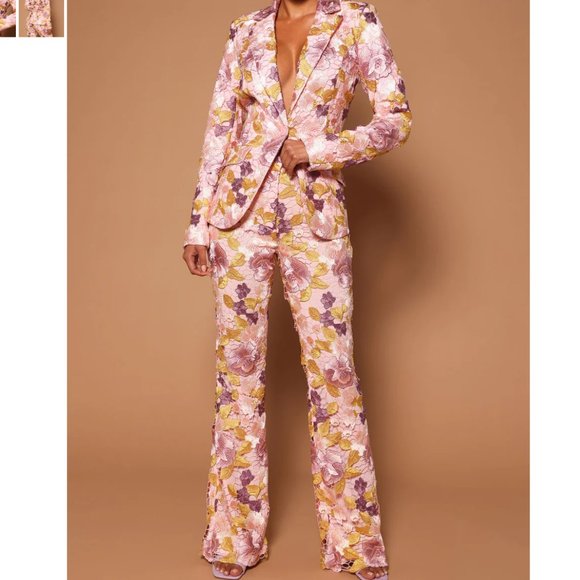 SMALL Pink/Floral FLARED High-rise Pant suit with Embroidered X-small Blazer - Picture 1 of 9
